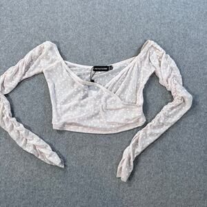Pretty Little Thing Dobby Mesh Sheer Ruched Sleeve Bardot Crop Top Size 4 New
